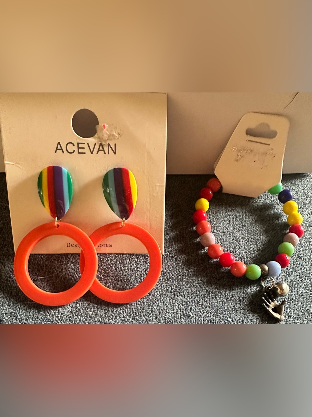 Orange Hoop Earrings with Rainbow Teardrop and rainbow bracelet